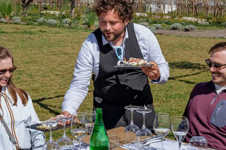 Waiter serving food to two seated people outdoors, surrounded by empty glasses.