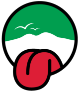 A circular logo with a red tongue sticking out below a green sky and white landscape.
